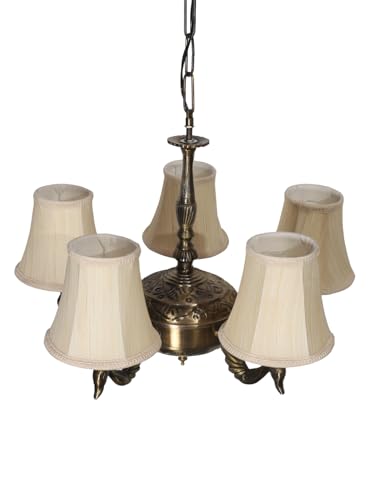 Image of Devansh 05-Light Conical Off-White Cotton Shade Chandelier - Antique Golden Finish | Adjustable Cord | Warm Glow Lamp - Ceiling Light for Living Room, Dining Area, Bedroom & Entryway Decor - D3