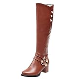 Femme Bottes Hautes En Cuir Talon Bloc Bordeaux Avec Boucles Dorées Grande Taille Chaude Doublure Bottes Style Cavalier Élégant Boots Chaussures Automne Et Hiver 42