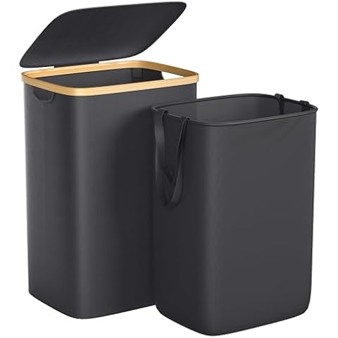 Foluck Large Laundry Hamper, 75L Waterproof Laundry Basket with Lid and Removable Bag, Collapsible Tall Clothes Hamper with Bamboo Handles for Clothes Toys in Dorm Bedroom Bathroom, Black Cover