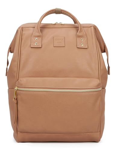 Image of Kah&Kee Leather Laptop Backpack for Women, 15.6-16 Inch Professional Work Bag, Water-Resistant Vegan Leather Doctor Bag Backpack for Teacher, Nurse & Travel, Fits MacBook Pro 16 (Tan Pink,Large)