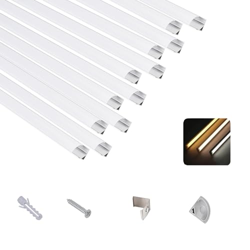 T&K Profilé aluminium LED 12 x 1M en forme de V argenté avec cache opale, embouts et clip de montage, canal en aluminium, profilé d'angle anodisé pour bandes LED et rubans LED