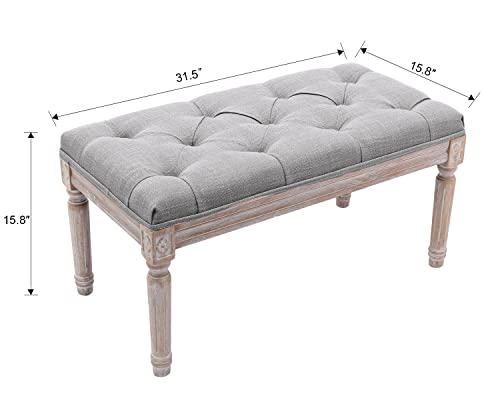 chairus Fabric Entryway Bench with Button Tufted Seat and Rustic Wood Legs, Vintage Bedroom Bench End of Bed, Padded Extra Seating Bench for Living Room Office Studio Hallway, Grey