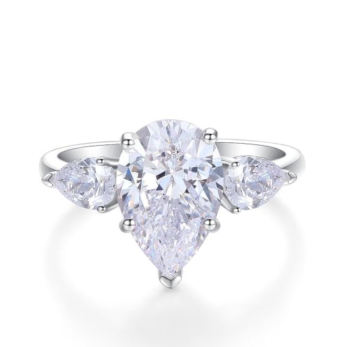 JOUDWASS 3 Carat 3 Stone Moissanite Engagement Rings for Women 18K White Gold Plated Oval Cut Wedding Anniversary Promise Ring Adjustable Size 5-9