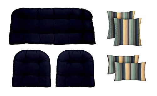 RSH Décor Indoor Outdoor 7 Piece Tufted Wicker Cushion Set + Pillows, (Standard, Navy Blue + Braymont Grey Blue Stripe)