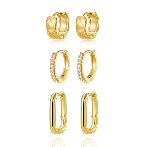3Pairs Small Huggie Hoop Earrings Set for Women,18k Gold Plated Cartilage Earrings for Multiple Piercing, Thick Open Twisted Huggie Hoop Earrings, Hypoallergenic Lightweight Hoop Earrings Set Jewelry for Gifts.