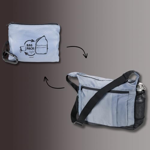 TROIKA Schultertasche faltbar (platzsparend im Innenfach verstaubar) mit Karabiner zur schnellen Befestigung – BAG PACK – großes Hauptfach, kleines Innenfach und Außenfach – Polyester – grau