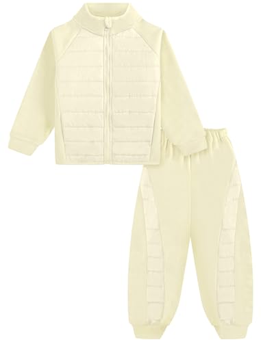 Gogokids Boys Girls 2-Piece Fleece Outfits, Warm Quilted Winter Jacket & Pants Set, Kids Thermal Tracksuit Snow Suit Layer for School Skiing, White, 7-8 Years - image 1