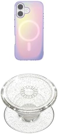 Paquete de funda para teléfono PopSockets para iPhone 17 con MagSafe, compatible con carga inalámbrica, morado - Aura + agarre adhesivo para teléfono PopSockets, soporte, soporte para teléfono, Kindle - plateado con purpurina transparente