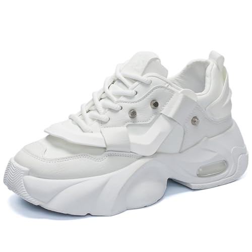 Men's Lace-Up Leather Fashion Sneakers - Platform Thick Sole Dad Shoes with Rivet Detailing Cushioned Comfort High-Top Casual Shoes for Everyday Wear & Outdoor Walking