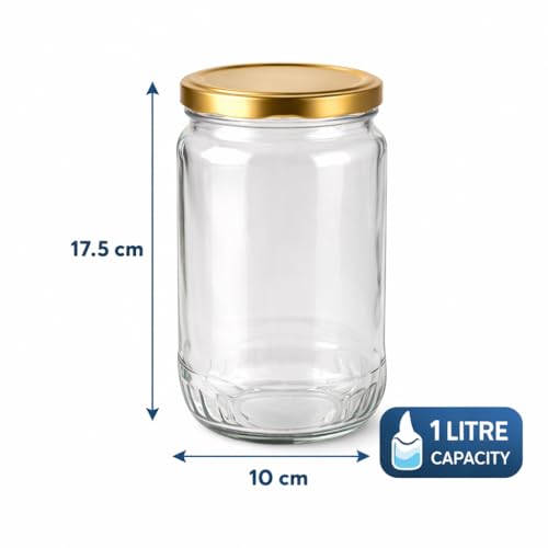 Image of Pure Source India Clear Glass Storage Jar with Airtight Metal Lid - 1L Wide Mouth Kitchen Jar (Set of 8)