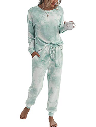 Margrine Womens Tie Dye Printed Long Sleeve Tops and Pants Long Pajamas Set Joggers PJ Sets Nightwear Loungewear Green 19MA4-lvbai-S