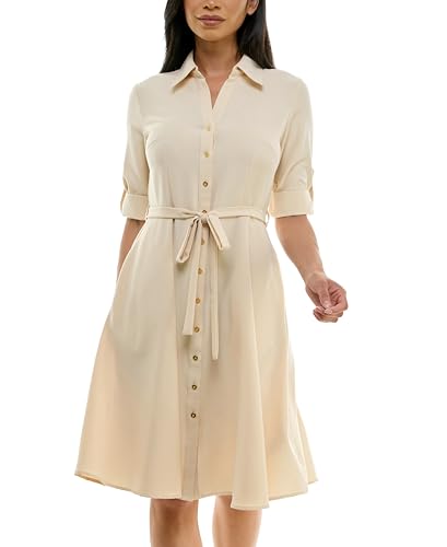 Image of Sharagano Women's Pleated Shirt Dress - 3 /4 Sleeve, V-Neck, Gold Buttons