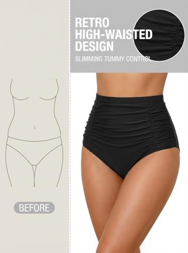 Tempt Me Women's High Waisted Swimsuit Bottom Black Tummy Control Ruched Bikini Bottom Vintage Swim Bottom Tankini Briefs L