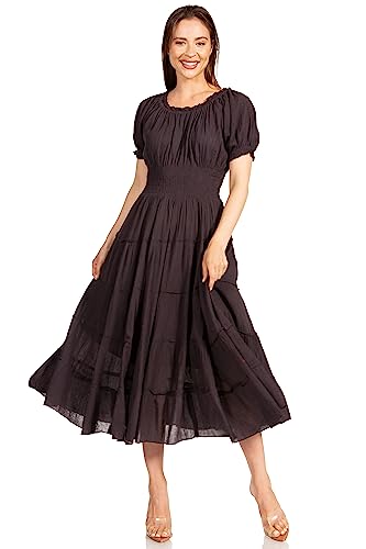 Image of Sakkas Cotton Crepe Smocked Peasant Gypsy Boho Renaissance Mid Length Dress