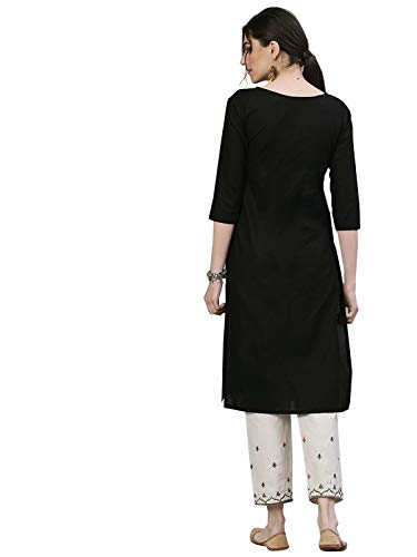 Image of ishin Women's Cotton Black & Off White Embroidered Straight Kurta Trouser Set