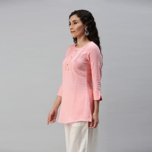 Image of SheWill Cotton Blend Stripe Print Embroidered A-Line Tunic