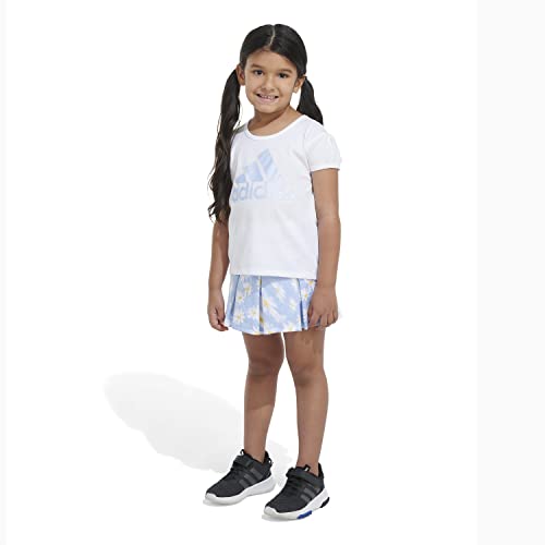 Adidas Girls' Short Sleeve Tee & All Over Print French Terry Pleated Skort Set, White, 5 #TOP2