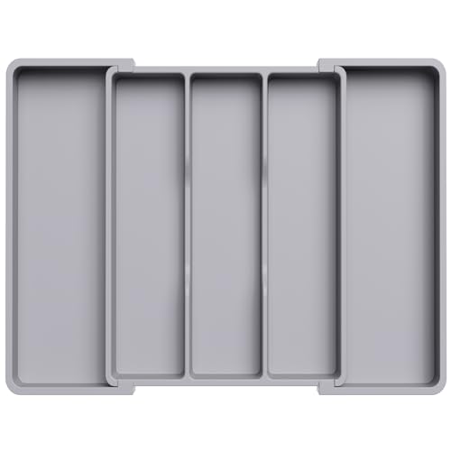 Lifewit Utensil Organizer for Kitchen Drawers, Expandable Cooking Utensil Tray, Adjustable Cutlery Silverware Flatware Holder, Plastic Spatula Tools Storage Divider, 13-22 x 15', Gray