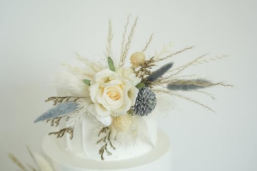 Set de dos toppers de boda con flores artificiales blancas y gris-azul miniatura 4