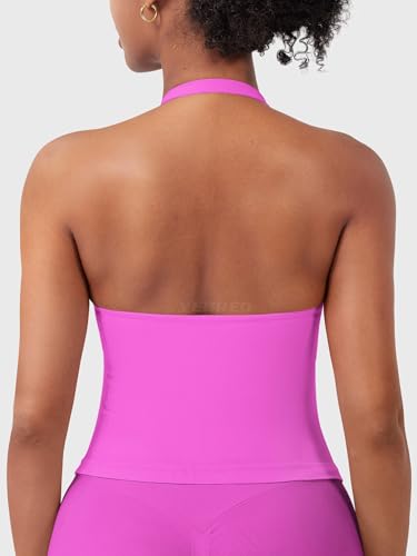 Image of YEOREO SoftHue Women's Impact Halter Tank Top Longline Backless Scoop Neck Built-in Bra Sports Workout Gym Crop Top