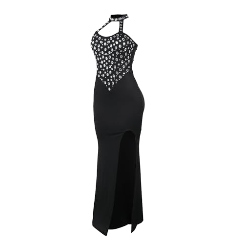 Image of Jigfar Women Sexy Elegant Rhinestone Mesh See Through Party Club Night Split Bodycon Formal Maxi Dress