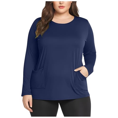 Spring Blouses for Women 2025 Trendy Womens Plus Size Long Sleeve Tops Trendy 2025 Casual Loose Soft Round Neck Tunic Shirts Spring Blouses with Pockets Navy Women Long Sleeve Blouse XL