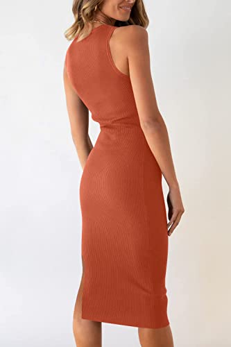 Image of PRETTYGARDEN Women's Summer Midi Bodycon Dresses Casual Crew Neck Side Slit Sleeveless Knit Cut Out Tank Top Dress