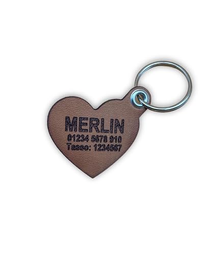 Hundemarke mit Gravur - Personalisiert – Geräuschlos - aus Leder (Cognac)