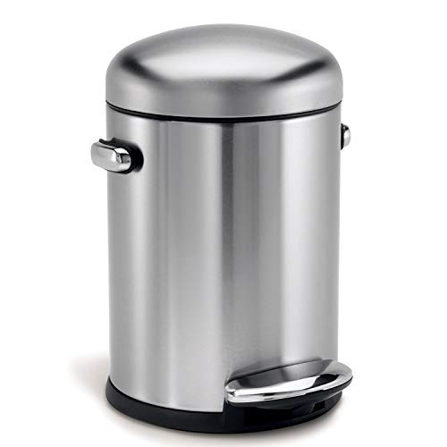 simplehuman CW1888CB 4.5L Round Retro Pedal Bin, Small Bin for Bathroom Bedroom Office, Strong Steel Pedal, Inner Bucket, Side Handles, Non-Skid Base, Fingerprint-Proof, Brushed Stainless Steel