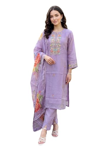 Image of INDO ERA Women's Silk Blend Embroidered Thread Work Kurta & Pant with Dupatta Set
