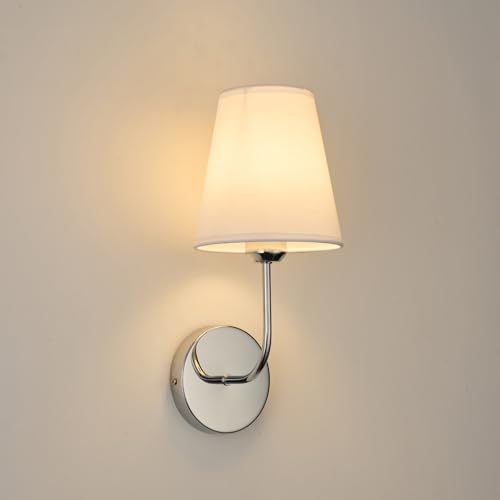 Image of Modern Hardwired Wall Sconces, Set of 2 in Chrome with White Fabric Shades,Farmhouse Light, Living Room, Hallway, Bathroom, Vanity, or Staircase. Sleek, Versatile Lighting