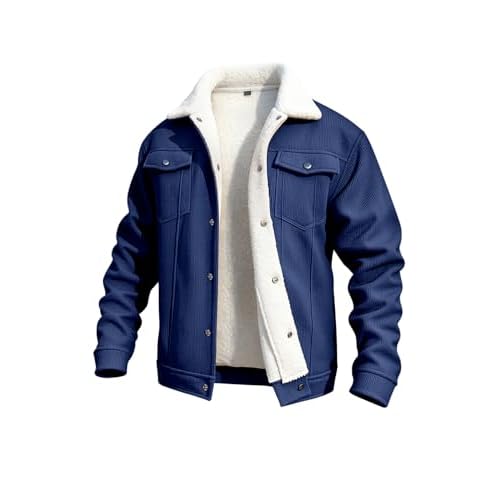 GINGTTO Mens Corduroy Jacket Fleece Lined Trucker Sherpa Winter Coat Navy Blue Large