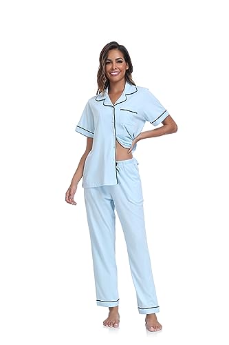 Image of COLORFULLEAF Women's 100% Cotton Pajamas Set Button Down Sleepwear Short Sleeve Shirt and Long Pants Soft Ladies Lounge Sets