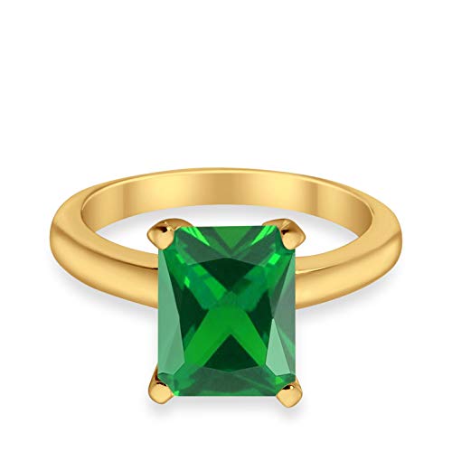 Blue Apple Co. Yellow Tone, Simulated Green Emerald CZ Size-6 Solitaire Wedding Engagement Anniversary Ring Radiant Cut Round Simulated Cubic Zirconia 925 Sterling Silver