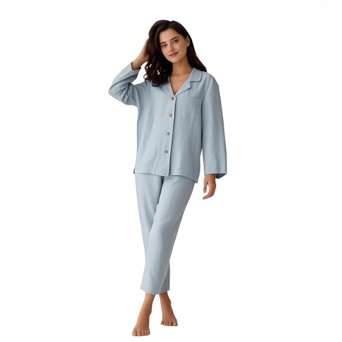 Simple&Opulence Women's 100% Linen Pajama Set Soft Long Sleeve Shirt and Pajama Pants 2 Pieces Luxury Loungewear Sets Soft and Breathable Sleepwear (Dusty Blue,S)