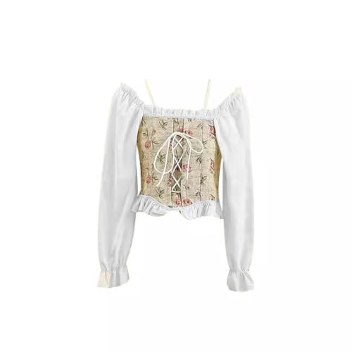 Image of ICW Women Korean Retro Style Vintage Floral Jacquard Lace-Up Off-The-Shoulder Smock Puff Sleeve Ruffled Crop Blouse Corset Top DN6021
