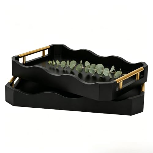 Decorative Bamboo Serving Tray Set with Gold Metal Handles, 2 Pack Ottoman Coffee Table Trays, 14.5x9.8 and 15.75x11 Inches (Black)