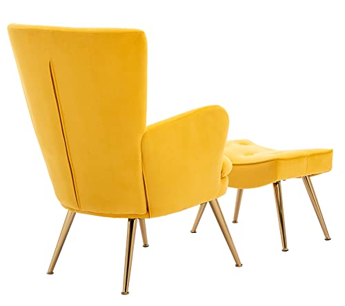 Duomay Modern Accent Chair With Ottoman, Velvet Tufted Uplostered Arm Chair With Footrest, Comfy Side Leisure Chair With Gold Metal Legs For Living Reading Room Bedroom Office, Yellow #TOP5
