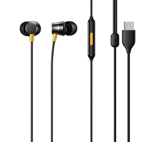 Image of [Original] Real me Buds 3 Type-C Wired Earphones - Heavy Bass In-Ear Headphones with HD Mic for Real me GT Neo 6, 12x, 11 Pro+, Narzo 60 - Tangle-Free Cable in Premium Yellow Retail Box (Black)