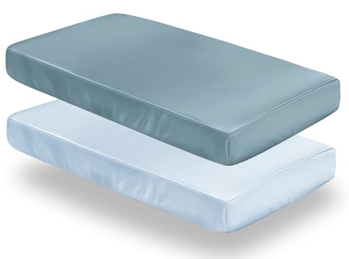 Image of SiinvdaBZX 2 Pcs Satin Mini Crib Sheets 38 x 24In, Fog Blue & Light Blue | Silk-Like Soft Mini Portable Crib Sheets Mattress Cover Portable Playard Sheets with 5In Deep Pocket, Great for Baby Hair
