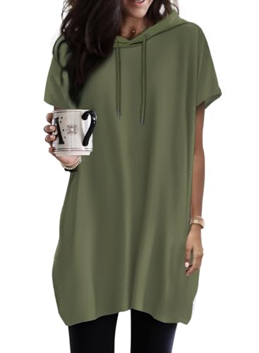 Dokotoo Kapuzenpullover Damen Hoodie Sommer Kurzarm mit Kapuze Pullover Sweatshirt Tops Oversize Tshirt Lässig Einfarbig T-Shirts Oberteile Grün S