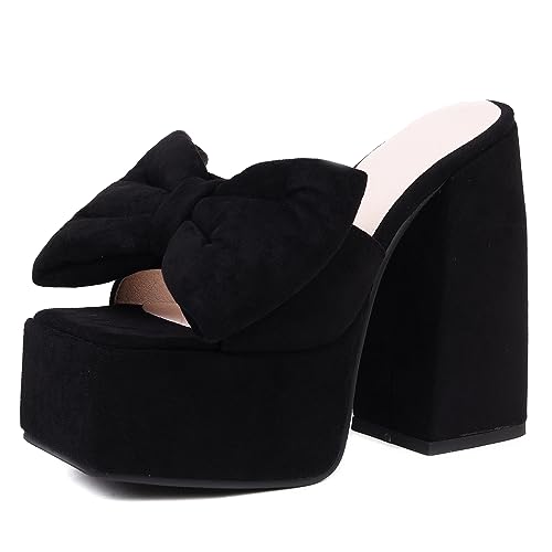 Mules plateforme Lizoleor en daim noir avec nœud élégant, sandales de prestige en taille 38 EU