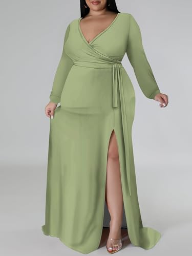 Image of PinkPatty Women's Plus Size Long Sleeve Maxi Dress Casual V Neck Slit Tie Waist Wrap Dresses for Party Cocktail