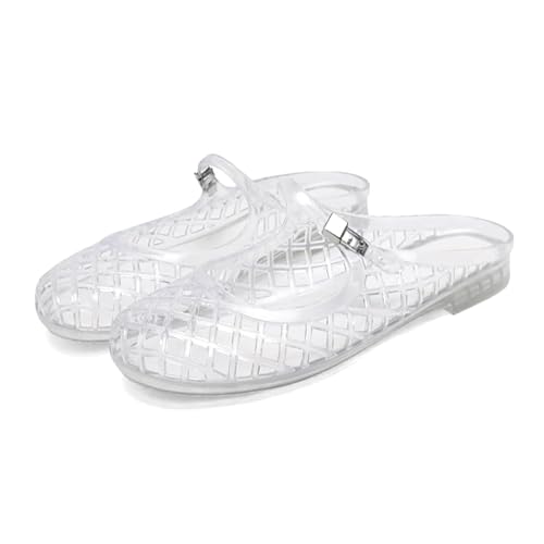 Image of Jelly Mesh Ballet Flats for Women Clear Hollow Jelly Shoes Sandals Round Toe Non-Slip Beach Ballerina Jellies Flats Shoes