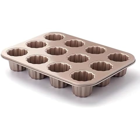 Canele Molds Baking Pan for Cupcake Muffin Cake Canneles Forms Non-Stick Carbon Steel Gold 12-Cup Cover