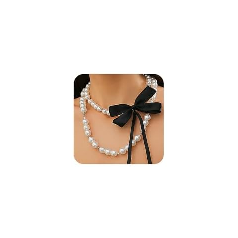 Octwine Boho Round Imitation Black Pearl Layered Choker Necklace Multi Strands Bow Punk Christmas Vintage Shiny Necklace for Women (Black) Cover