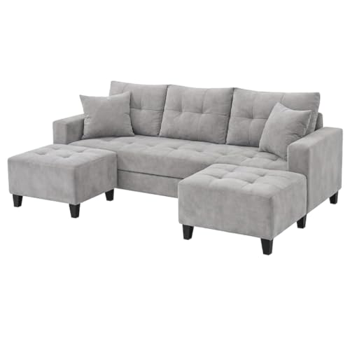 Image of SLEEPIFY Harlon Velvet-Suede Fabric 3 Seater Sofa Set with 2 Ottoman (Light Gray) | Comfortable & Spacious Seating | Modern Sofa Set for Living Room | Soft Touch Upholstery