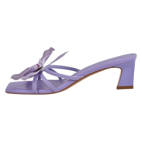 Women's Square Toe Block Mid Heels Floral Slides Sandals3