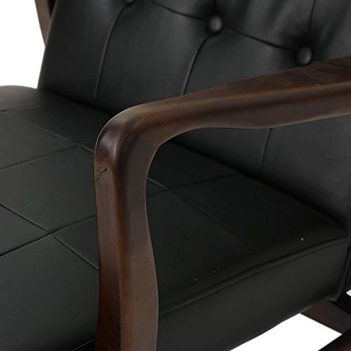 Image of APRODZ Solid Wood Accent Chair for Living Room Mid Century Modern Faux Leather Upholstered Chair with Wooden Legs Lounge Button Tufted Chair for Bedroom Office Seating (Black)