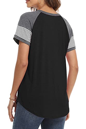 Renaka Women Short Sleeve Tops Crew Neck Striped Color Block Spring Shirts (Black L) #TOP4